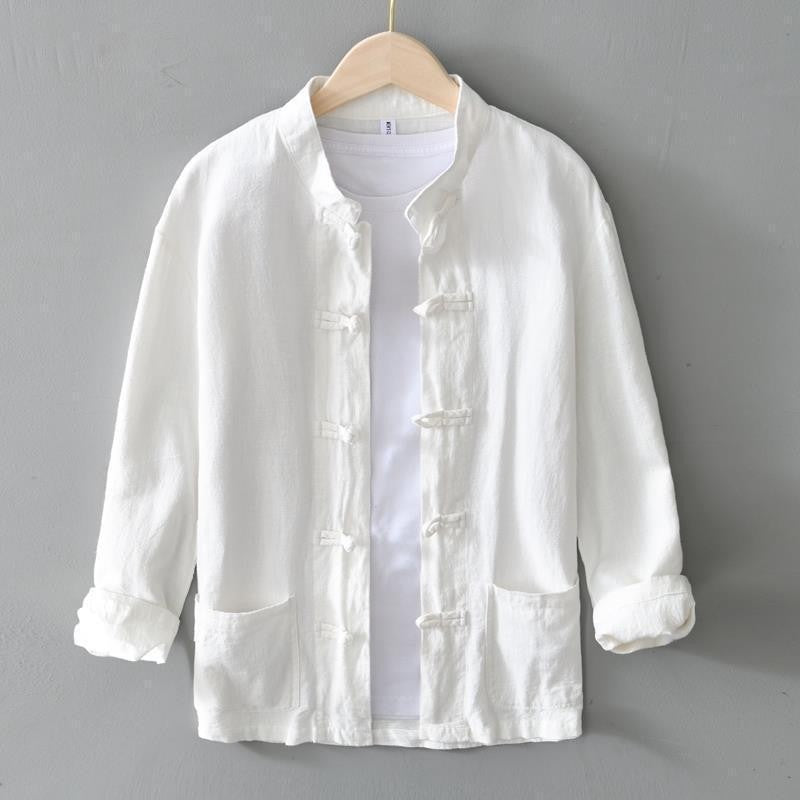 Men's cotton and linen long-sleeved stand-up collar buttoned cardigan