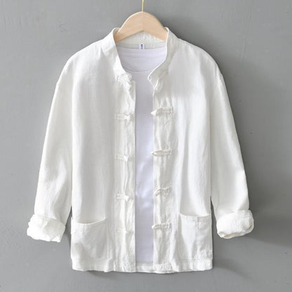 Men's cotton and linen long-sleeved stand-up collar buttoned cardigan
