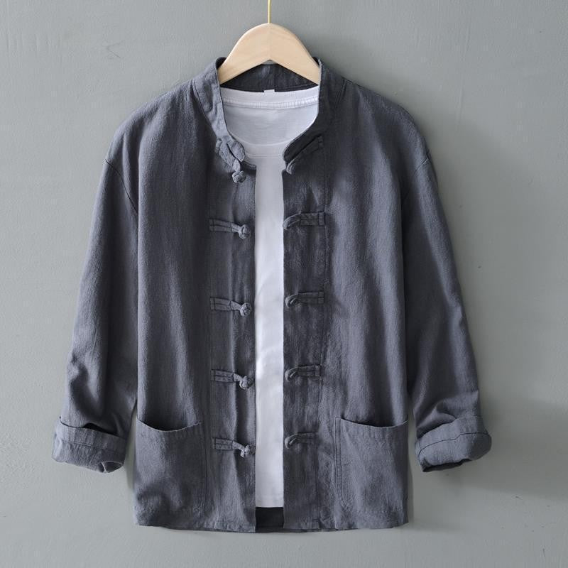 Men's cotton and linen long-sleeved stand-up collar buttoned cardigan