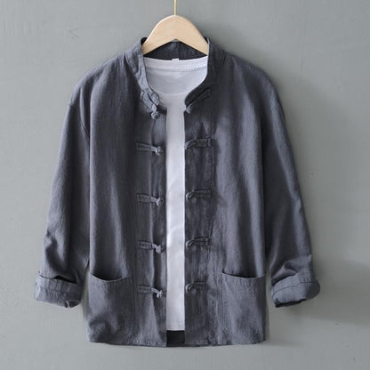 Men's cotton and linen long-sleeved stand-up collar buttoned cardigan