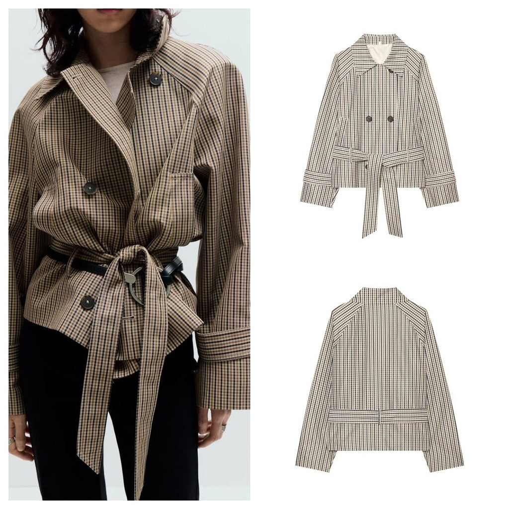 Classic Double-Breasted Grid Pattern Trench Coat