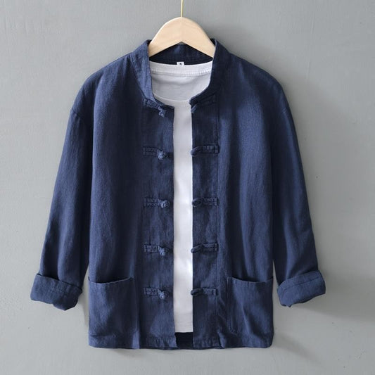 Men's cotton and linen long-sleeved stand-up collar buttoned cardigan