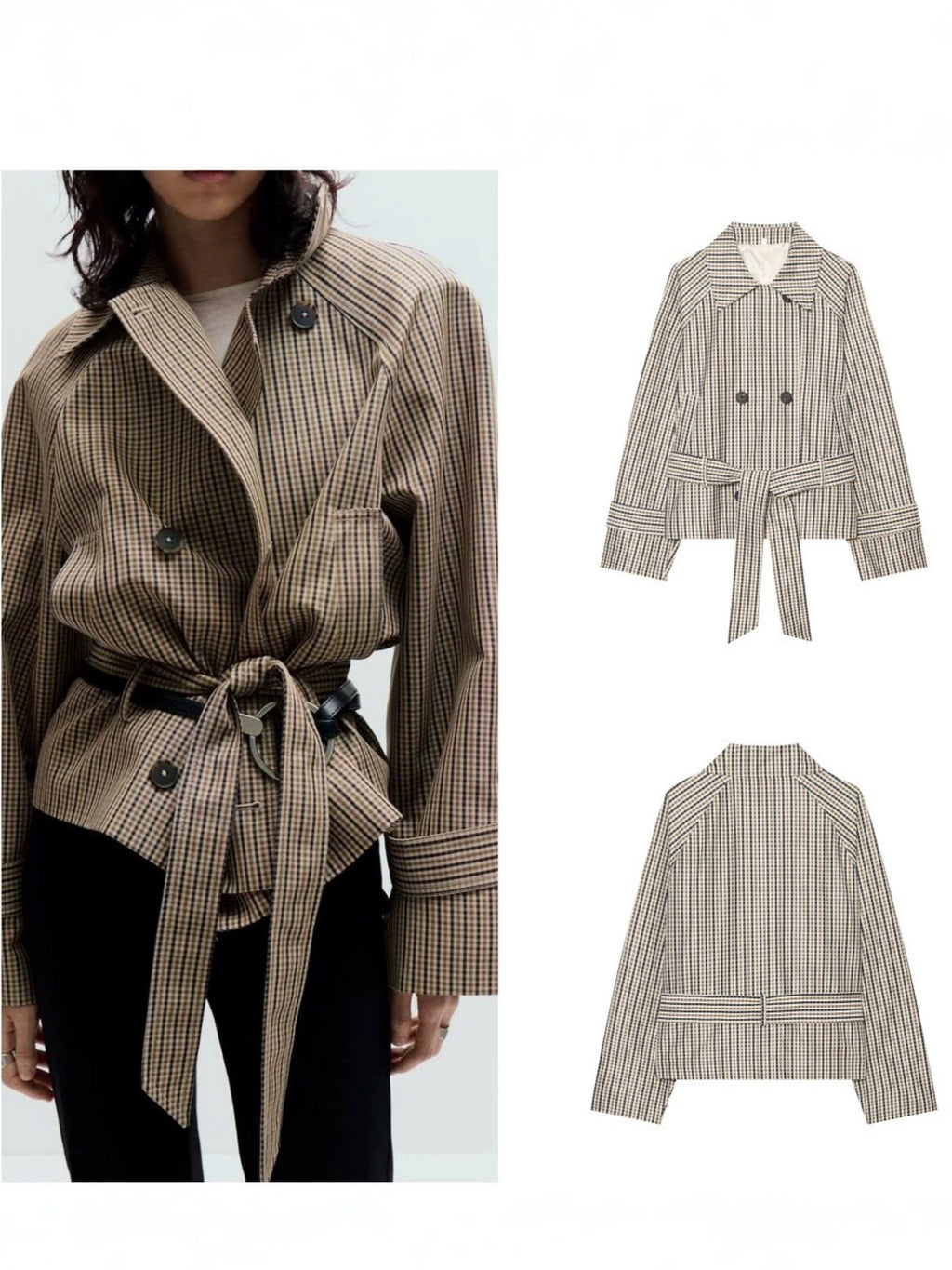 Classic Double-Breasted Grid Pattern Trench Coat