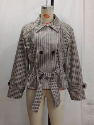 Classic Double-Breasted Grid Pattern Trench Coat