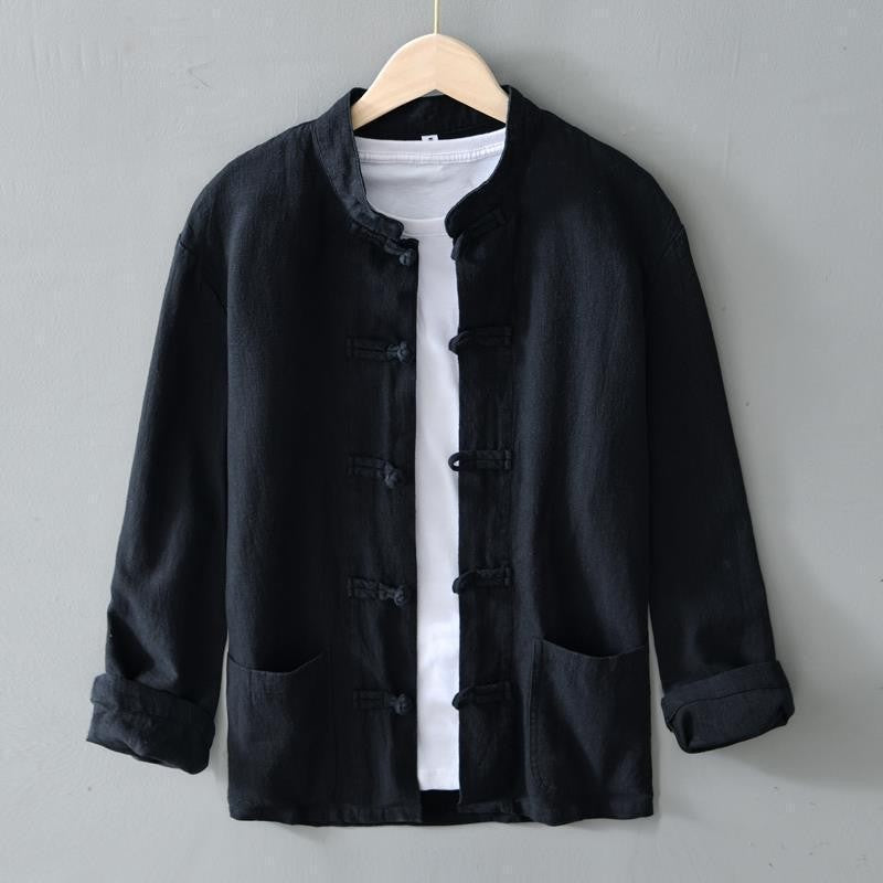 Men's cotton and linen long-sleeved stand-up collar buttoned cardigan