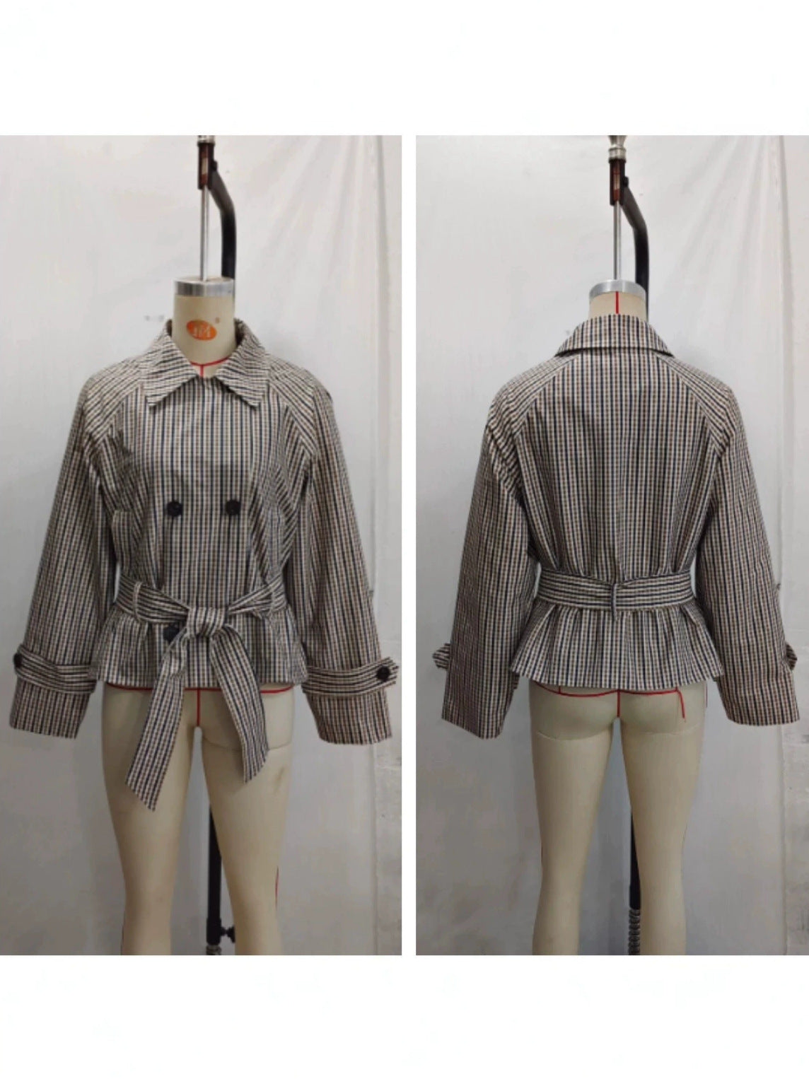Classic Double-Breasted Grid Pattern Trench Coat