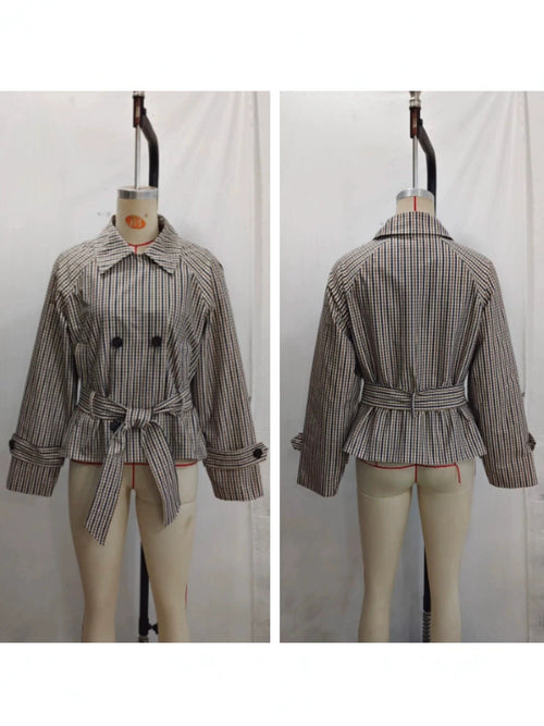 Classic Double-Breasted Grid Pattern Trench Coat