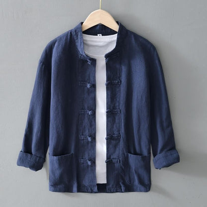 Men's cotton and linen long-sleeved stand-up collar buttoned cardigan