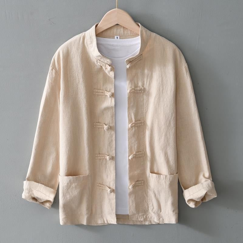 Men's cotton and linen long-sleeved stand-up collar buttoned cardigan