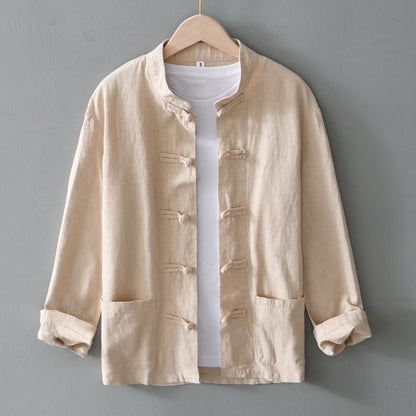 Men's cotton and linen long-sleeved stand-up collar buttoned cardigan